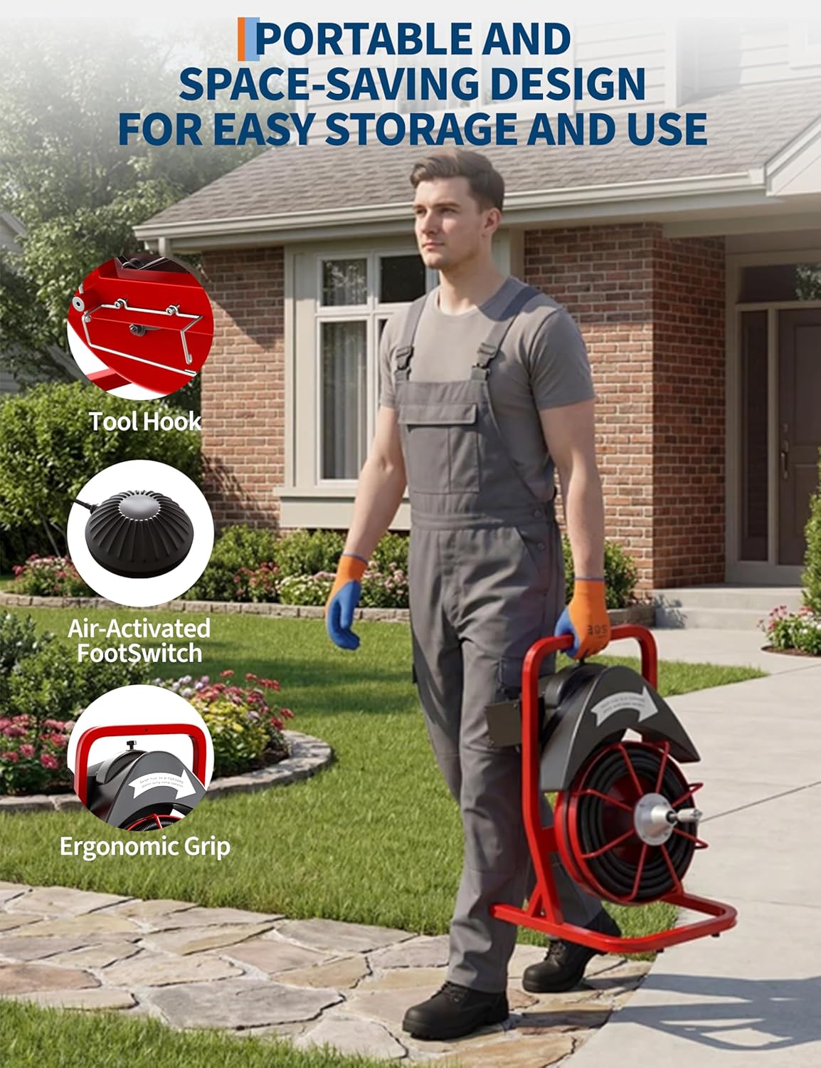 Drain Cleaner Machine 75FT x 1/2 Inch Steel Core Cable Portable 370W Electric Drain Cleaning Machine With Sewer Auger, Cutter, Air-activated Foot Switch, for Commercial, Home