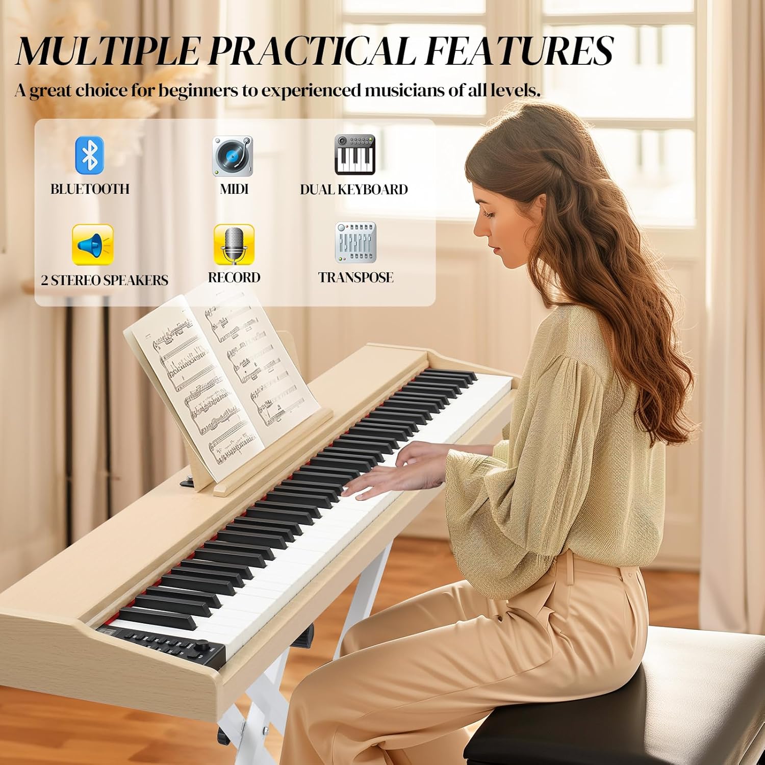Ktaxon 88 Key Piano Keyboard Semi-Weighted Electric Piano, Portable Keyboard Piano with Stable Piano Stand, Professional 3 Pedal, 2 Headphone Jacks, Bluetooth, MIDI, 128 Rhythms and 128 Tones(Oak)