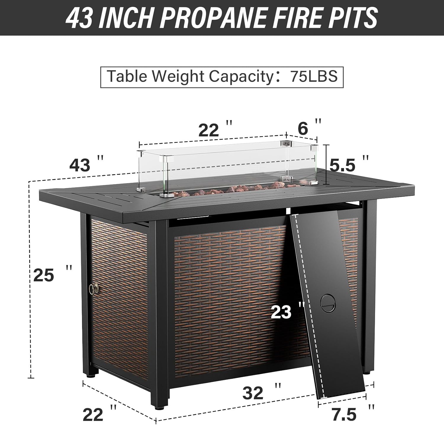 Belord 50000 BTU Propane Fire Pit Table - 43 Inch CSA-Certified Outdoor Fire Table with Lid and Glass Wind Guard 2 in 1 Rectangular Fire Pit Table for Patio Deck Garden and Outdoor Ambiance