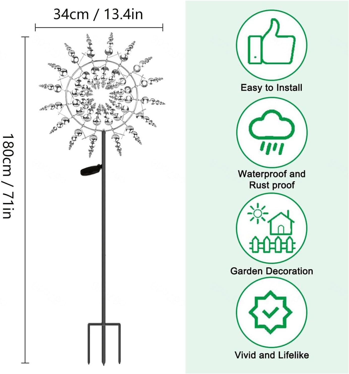Solar Magic Windmill, Spinning Garden Wind Spinner 3D Wind Powered, 13.4 x 71in Garden Spinner,Gold