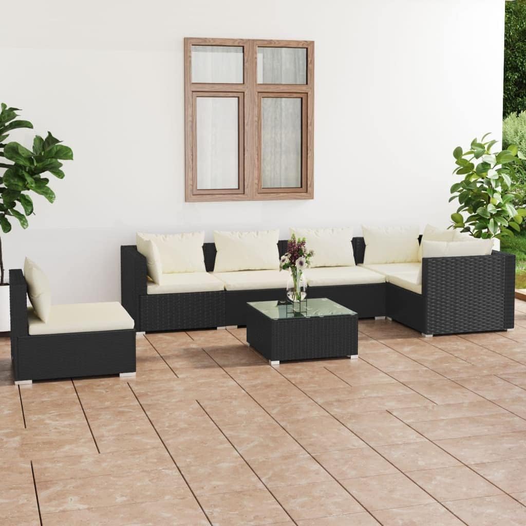 7 Piece Patio Lounge Set with Cushions Poly Rattan Black,Stylish and Comfortable Outdoor Patio Lounge Set for Versatile Use Patio Furniture, Outdoor Furniture Sets