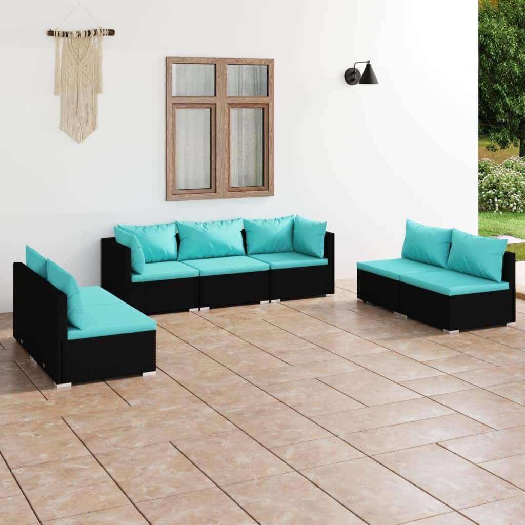 7 Piece Patio Lounge Set with Cushions Poly Rattan Black Garden Furniture