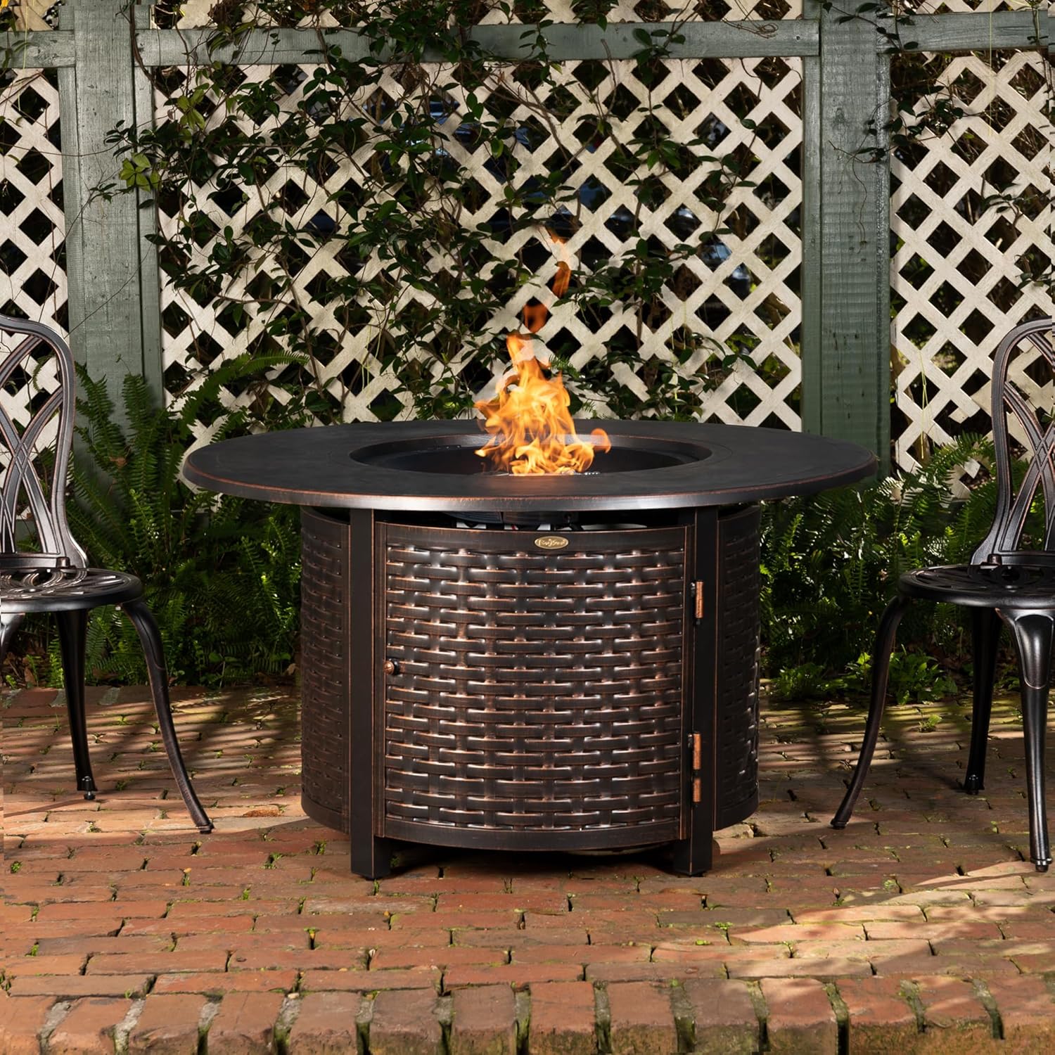 Florence Woven Aluminum Convertible Gas Fire Pit Table 55,000 BTU Multi-Functional Outdoor with Fire Bowl Lid, Nylon Weather Cover & Clear Fire Glass - Bronze Finish - Round - 44