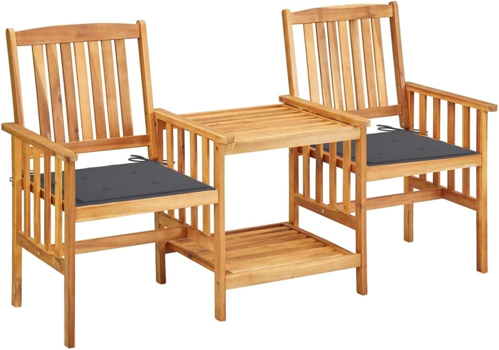 Furniture Sets Patio Chairs with Tea Table and Cushions Solid Acacia Wood,Rustic Acacia Wood Bistro Set for Outdoor Garden and Patio with Double Chair and Table Garden Conversation Sets