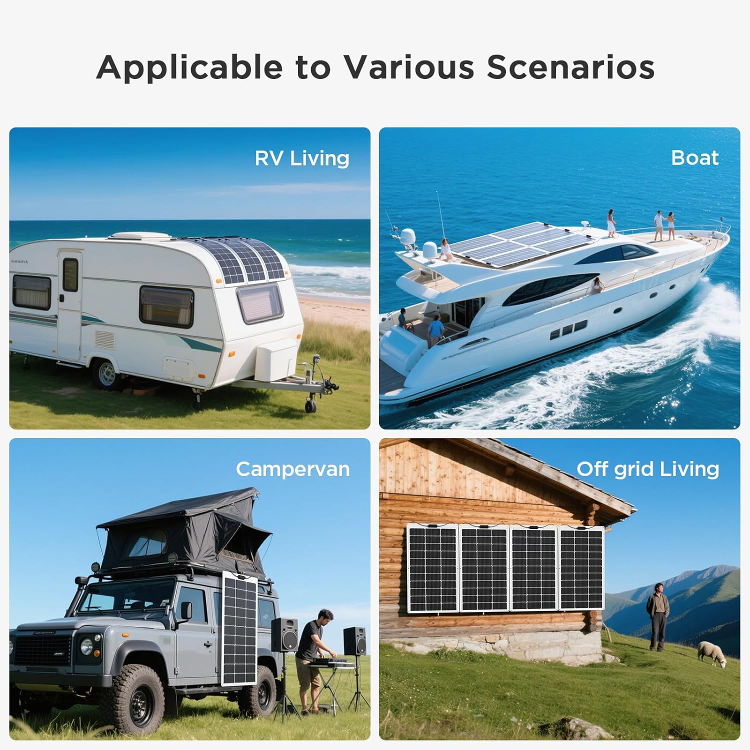 400 Watt Solar Panel, 4PCS 100W Flexible Solar Panel 23% High-Efficiency Ultra Lightweight,11BB IP68 Watercolor Solar Panels for Homes Offgrid RV Campervans Boat