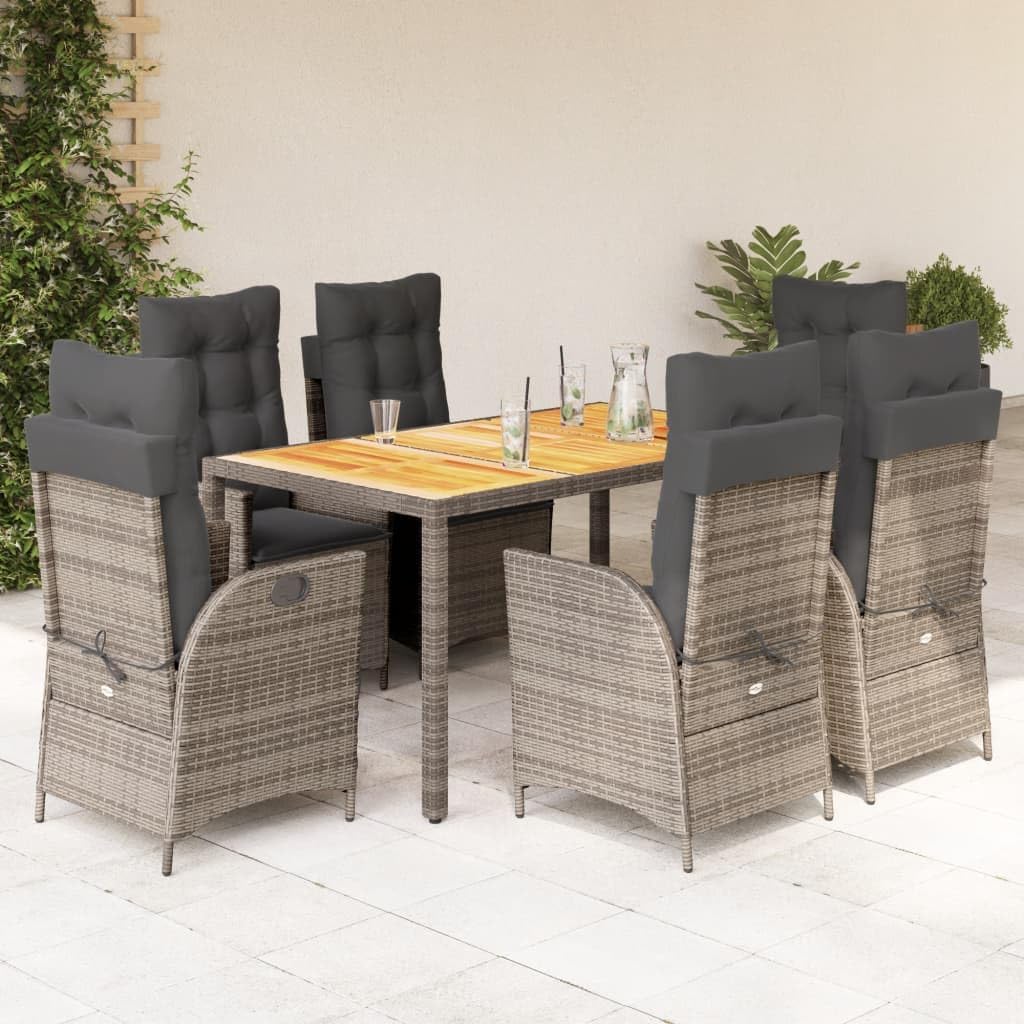 7 Piece Patio Dining Set with Cushions Gray Poly Rattan Garden Furniture