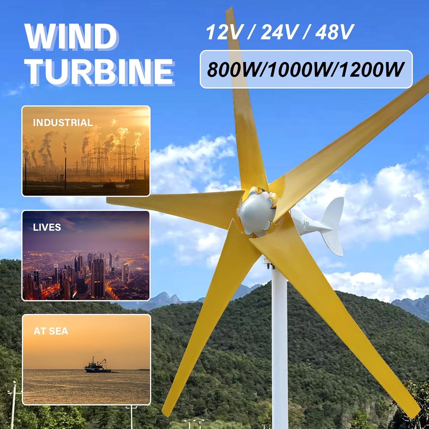 12V 24V 48V Wind Turbines Generator 800W 1000W 1200W Wind Turbine Kit with MPPT Controller and 5 Yellow Blades, Pure Copper Core Wind Generator for Boat, Outdoor, Street, Garden,1200w,48V