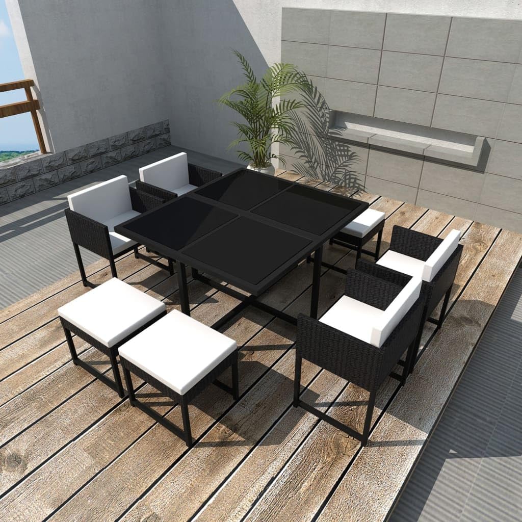 Furniture Sets 9 Piece Patio Dining Set with Cushions Poly Rattan Black,Modern 8Person Rattan Dining Set with Glass Top Table, Comfortable Cushions and SpaceSaving Stools Garden Conversation Sets