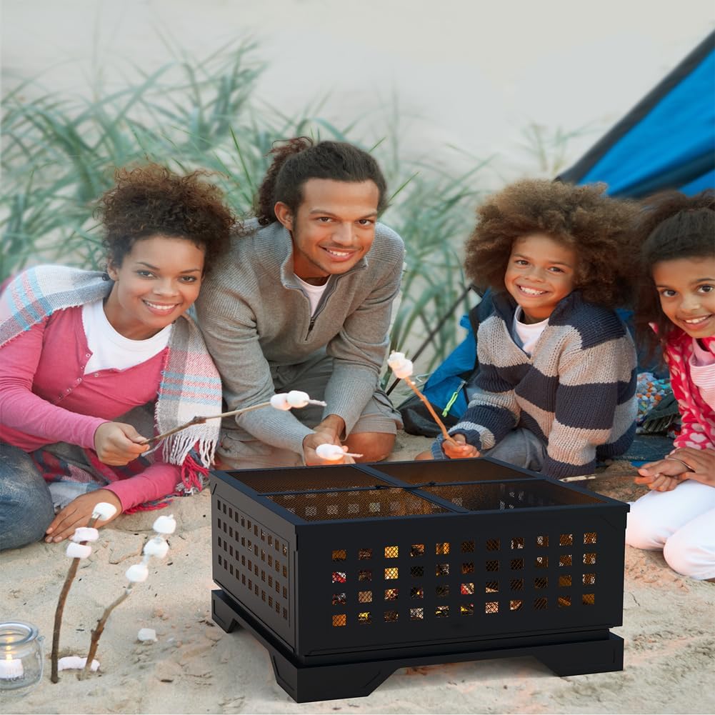 21.7 Inches Foldable Portable Square Fire Pit, Black, Wood Burning, Modern Style