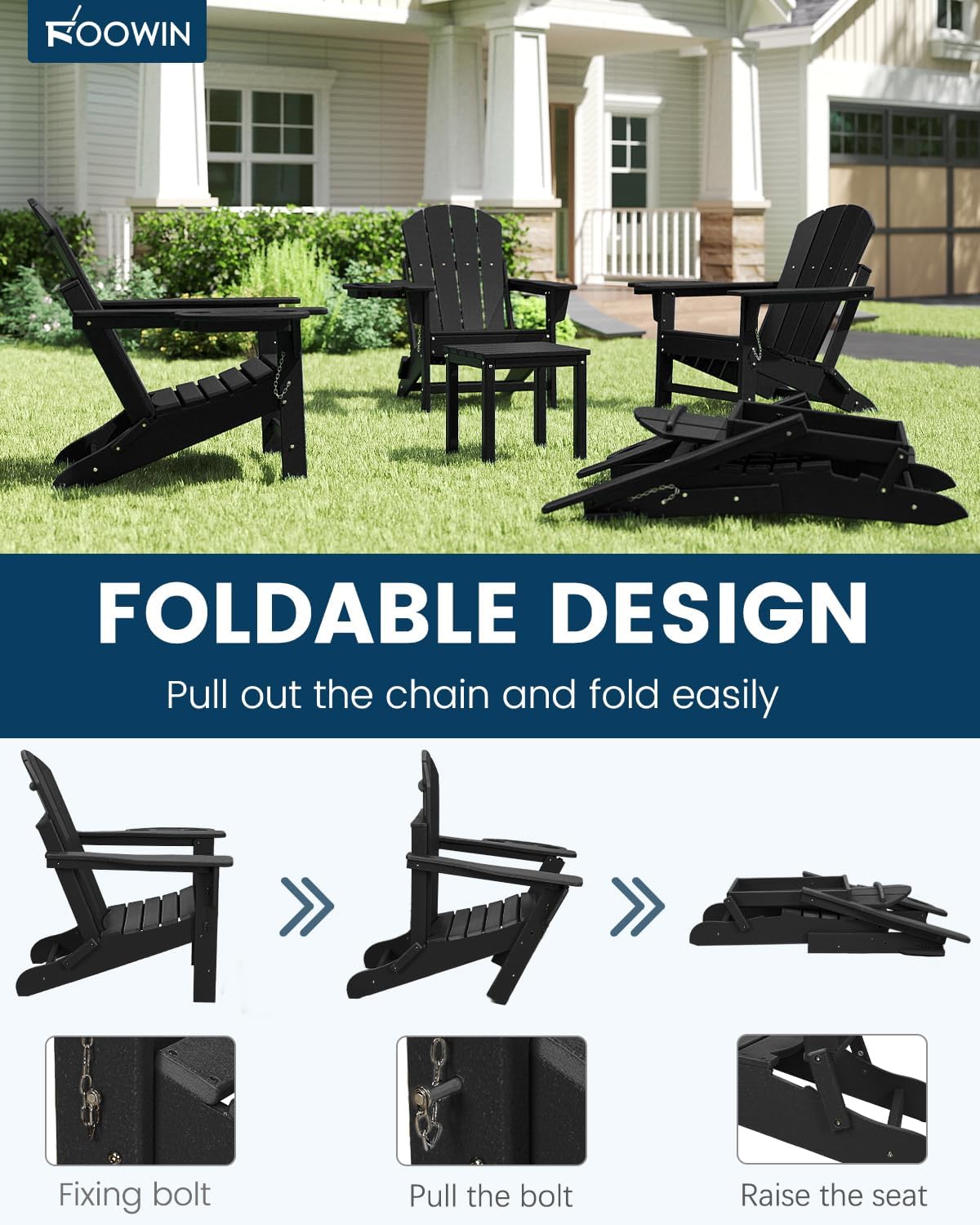 FOOWIN Folding Adirondack Chair Set of 6, HDPE Adirondack Chairs with Cup Holder, Weather Resistant Plastic Fire Pit Chairs for Outdoor, Patio, Lawn, Garden, Backyard, Deck, Black