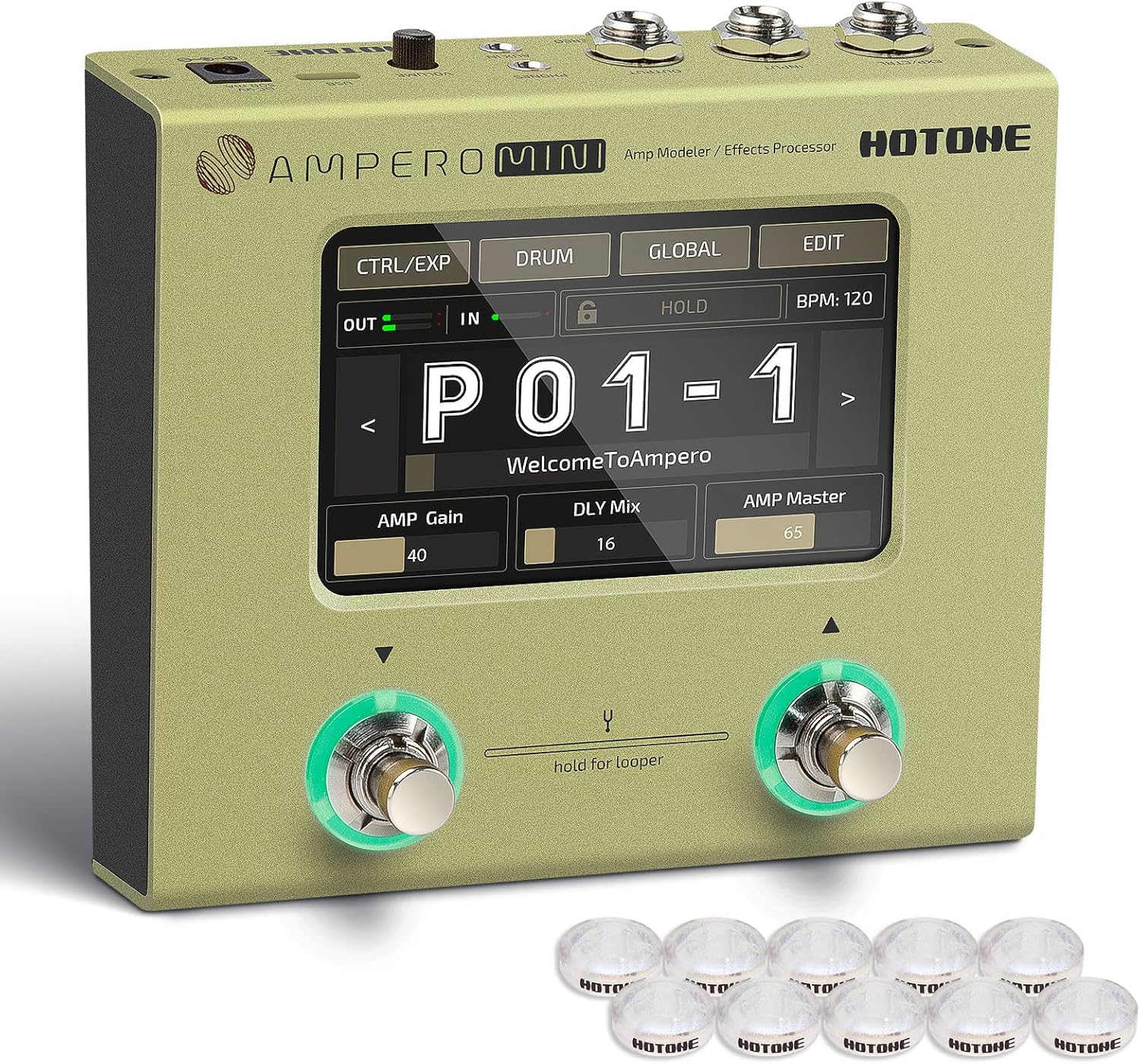 HOTONE Multi Effects Processor Pedal Guitar Bass Amp Modeling IR Cabinets Simulation Multi LanguageStereo OTG USB Audio Interface Ampero Mini MP-50 (include 10 PCS Additional Footswitch Toppers)
