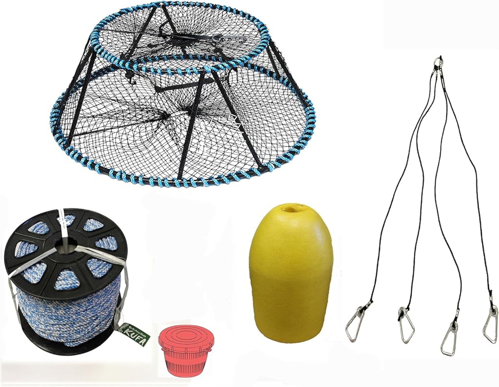 KUFA Sports Tower Style Prawn Trap with 400' Rope, Yellow Float, Vented Bait Jar & Harness Combo (CT130+PAS3+HA5)