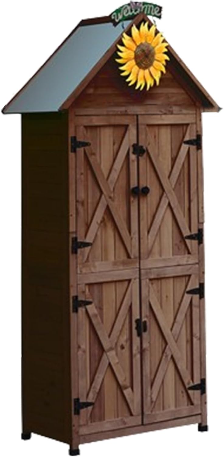 Garden Tool Storage Cabinet, Solid Wood Tool Cabinet Organizer W/Wooden Latches and Water-Proof Roof for Patio, Backyard, Lawn, Natural (One Color Brown)