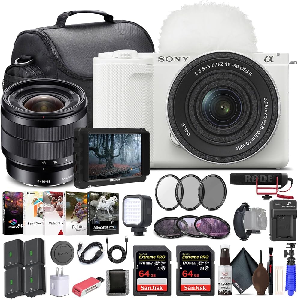 Sony Alpha ZV-E10 II Mirrorless Camera with 16-50mm Lens (White) (ZVE10M2KW) - Sony E 10-18mm Lens, 4K Monitor, Pro Mic, 2 x 64GB Memory Card, Filter Kit, Photo Software, Bag, More