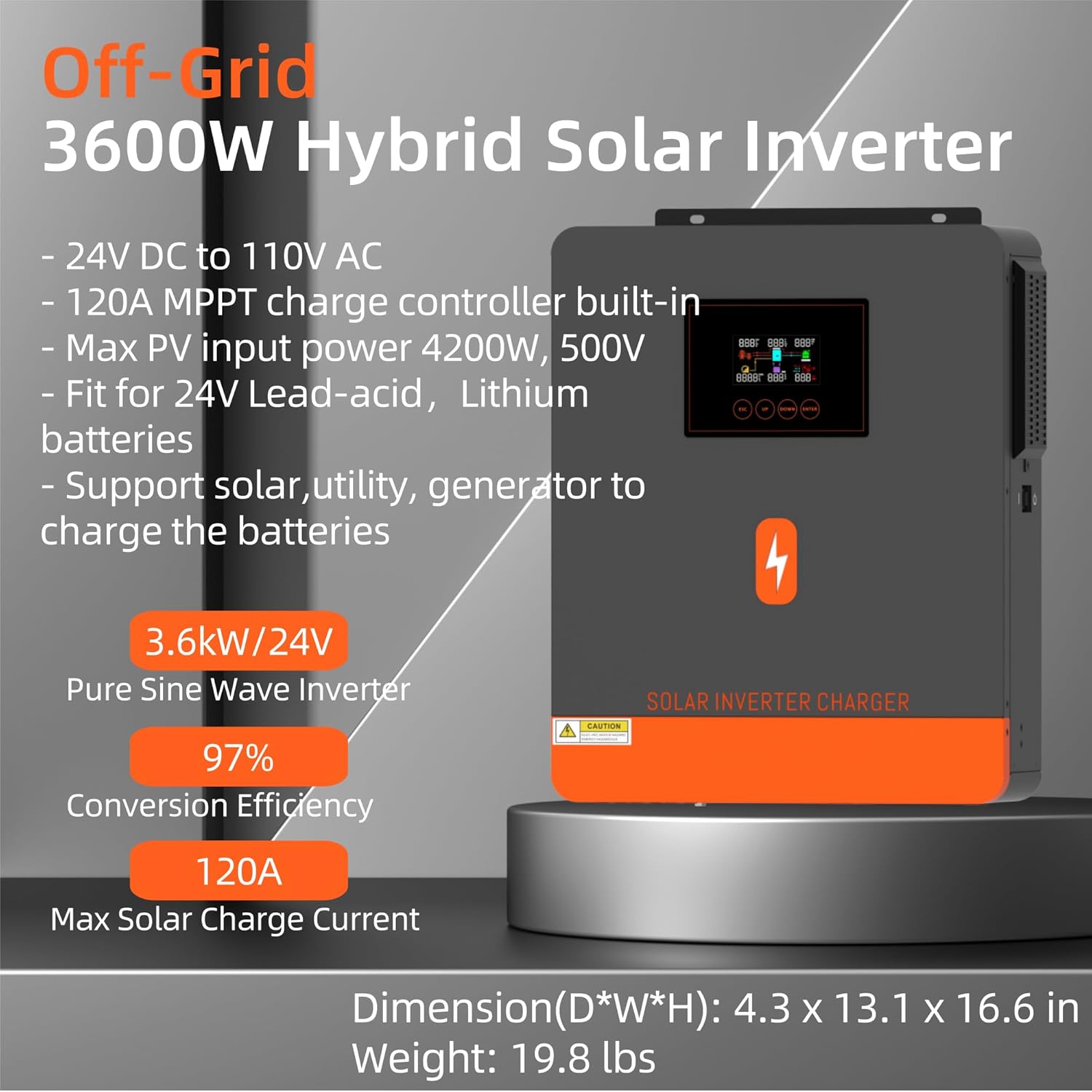 PowMr 3600W Solar Inverter 24V DC to 110V AC, Pure Sine Wave Power Inverter with 120A MPPT Controller and 80A AC Charger, Max.PV Input 4200W, 500VDC, fit for 24V Lead-Acid and Lithium Batteries