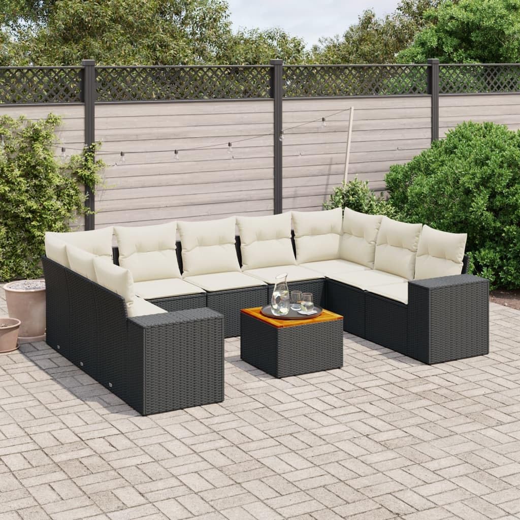 Black and Cream 10 Piece Modular Garden Sofa Set, Large PE Rattan Outdoor Furniture with Acacia Wood Accents for Patio, Balcony, Sunroom, Durable UV-Resistant Weatherproof