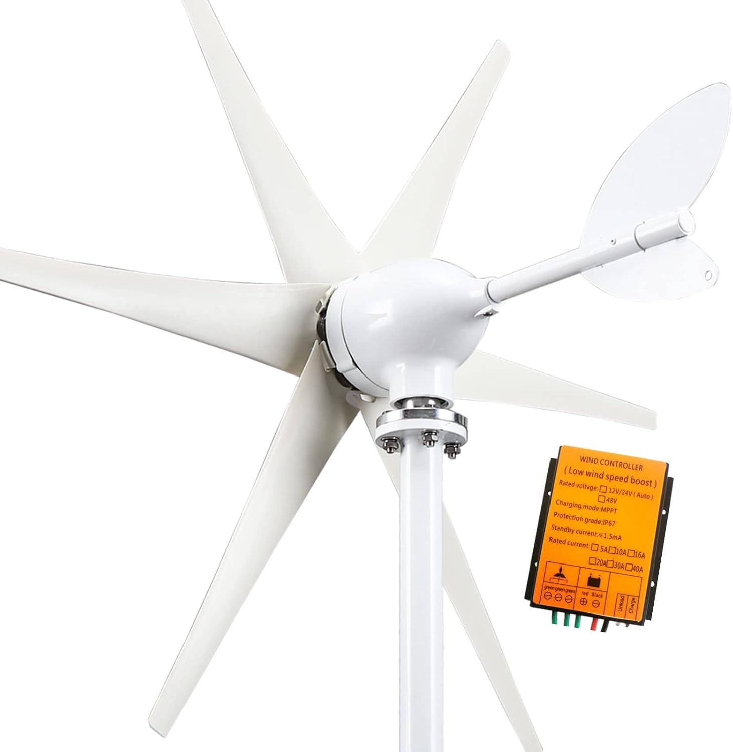1500W 12V 24V Wind Turbine Generator Kit Horizontal Generator, with MPPT Controller Six -Blade Windy Can Be Used for Home Outdoor Power Generation (Color : White, Size : 12v)