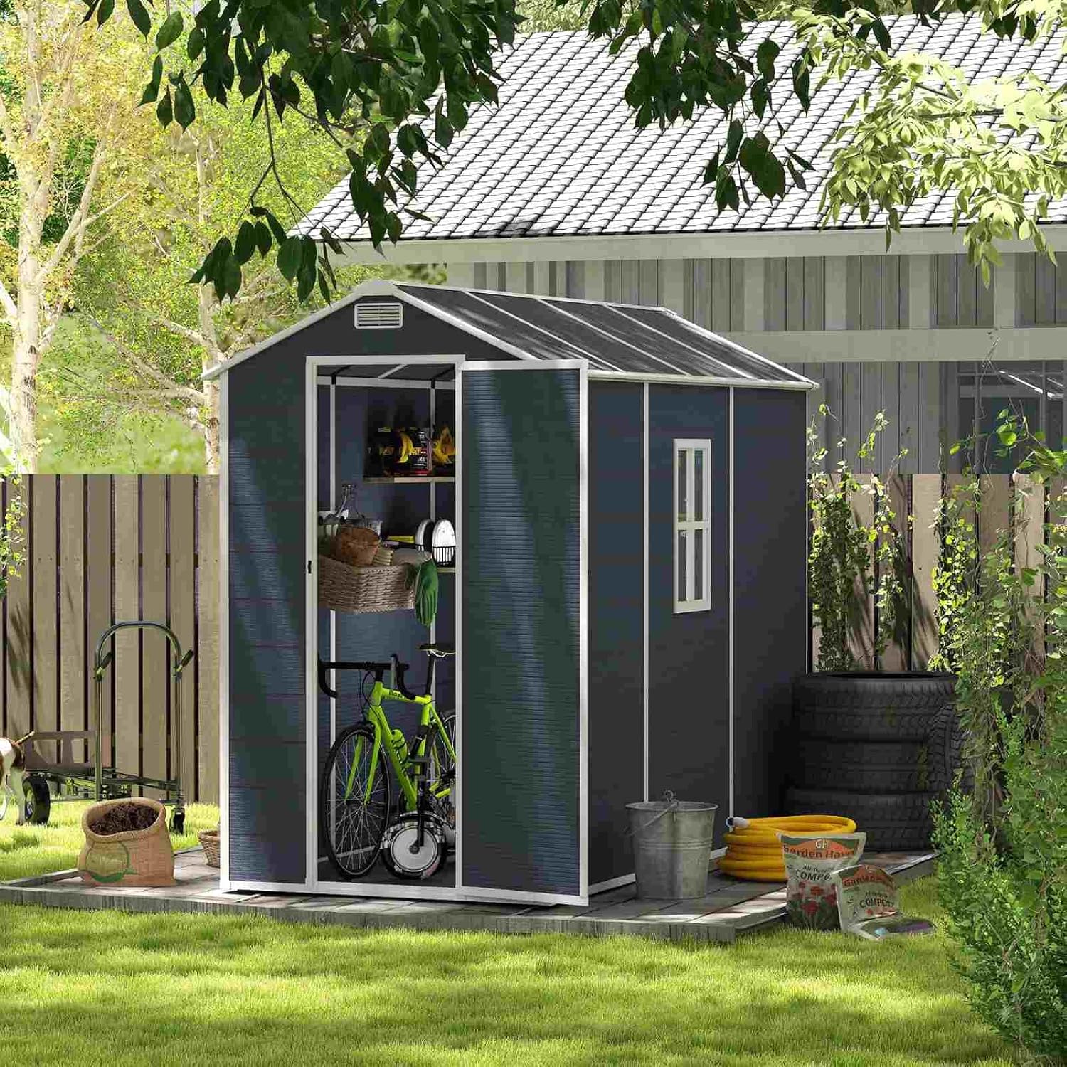 Navy Blue Outdoor Storage Shed 4x8FT - Waterproof Garden Tool House with UV Protection, Security Lock & Window - Backyard Storage for Tools, Bikes & Equipment - Easy Assembly