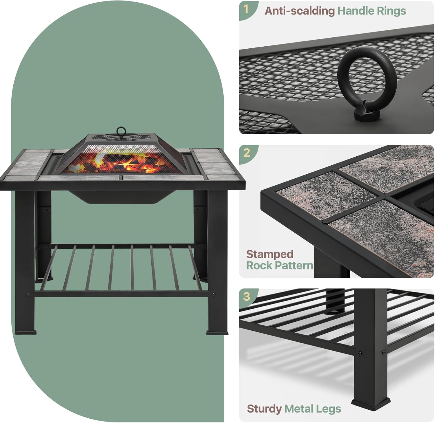 Patio Fire Pit Table, Heavy Duty Square Firepit for Outside 30 Inch Wood Burning Fire Pits Table with Cover Poker & Grate for Outside Heating, Bonfire and Picnic