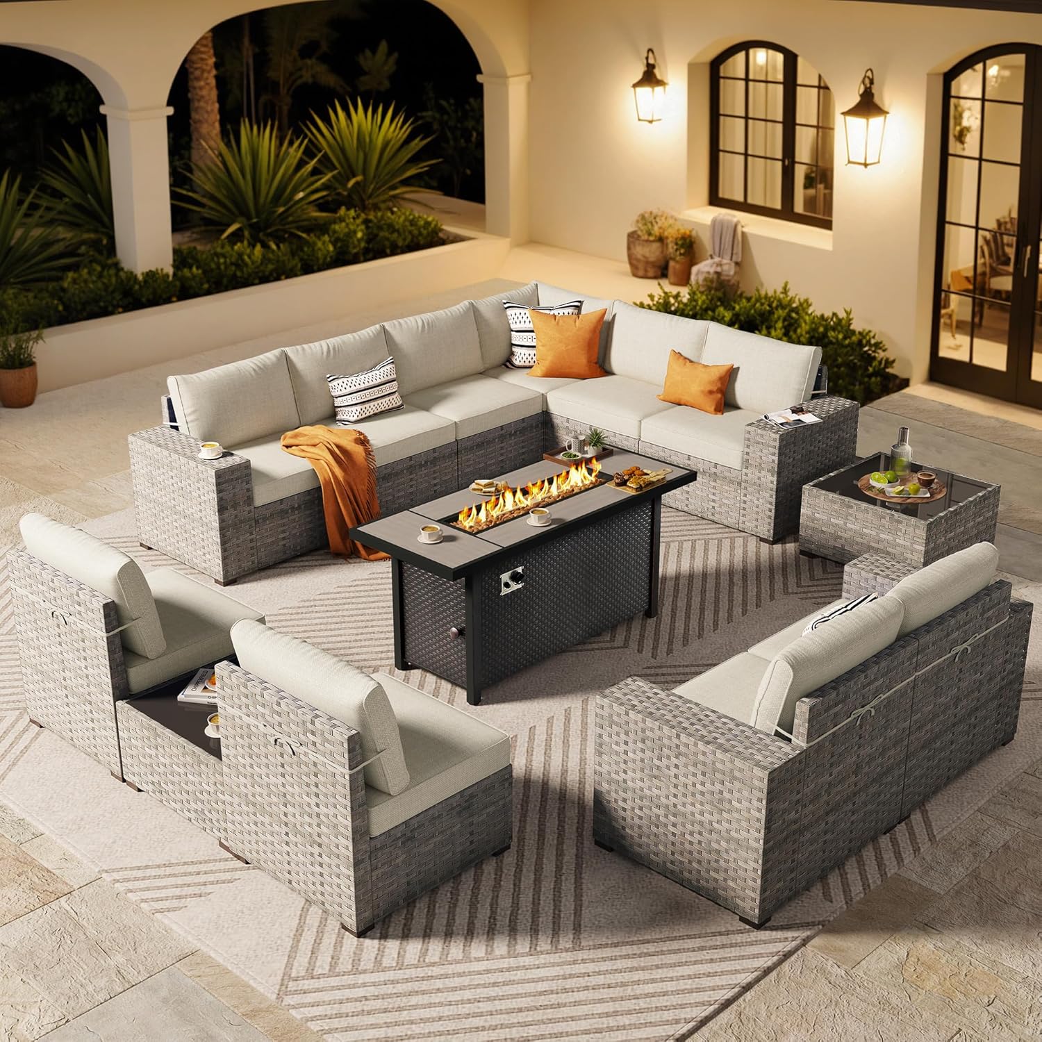 ovios 13 Pieces Patio Furniture Set, Outdoor Wicker Sectional Sofa with 54 Inch Fire Pit Table Comfy Cushions, Modern Modular Deep Seat Rattan Couch Conversation Set, Beige