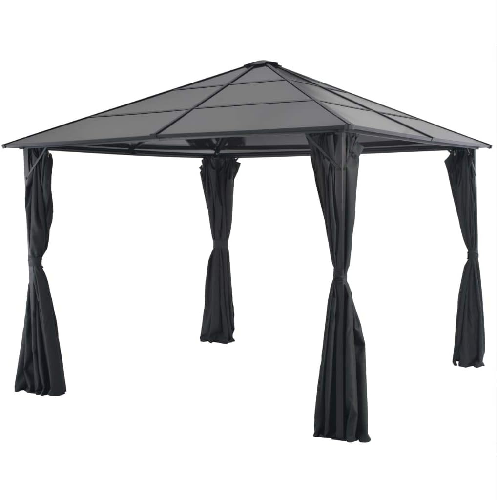 Gazebo with Curtain Aluminum 9.8'x9.8' Black, UV-Proof PC Roof, Outdoor Patio Canopy Tent for Events Outdoor Structures