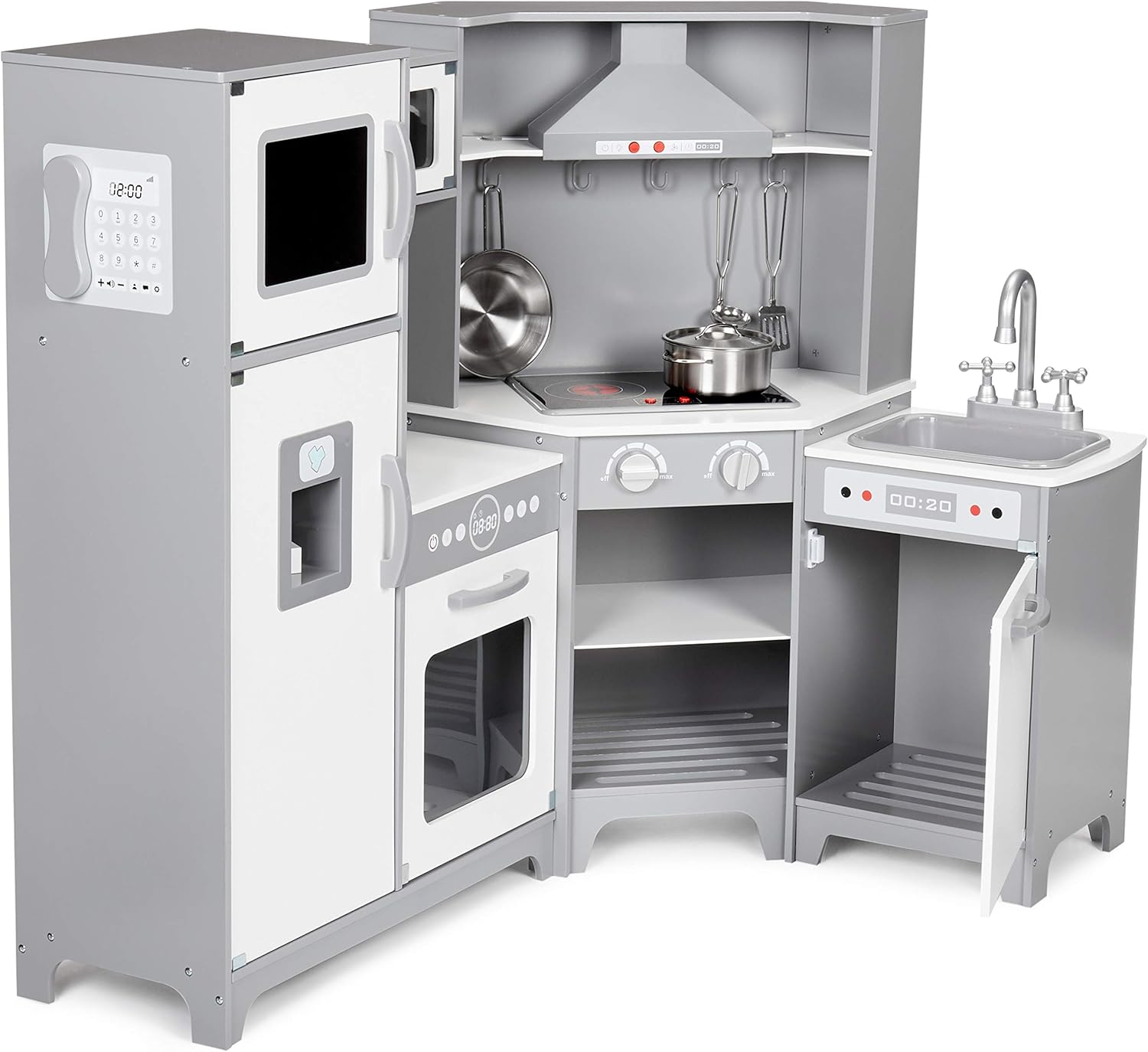 Amazon Basics Kids Corner Wooden Kitchen Toy Playset with Stove, Oven, Sink, Fridge and Accessories, for Toddlers, Preschoolers, Children Age 3+ Years, White & Gray, 39.37