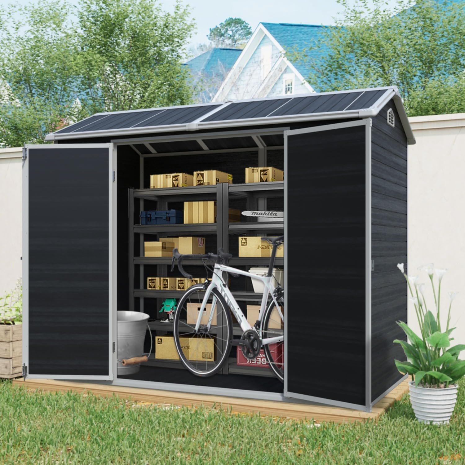 8x4 ft Outdoor Storage Shed with Double Door & Two Windows, Plastic Garden Shed with Floor for Patio, Yard, Lawn -Black