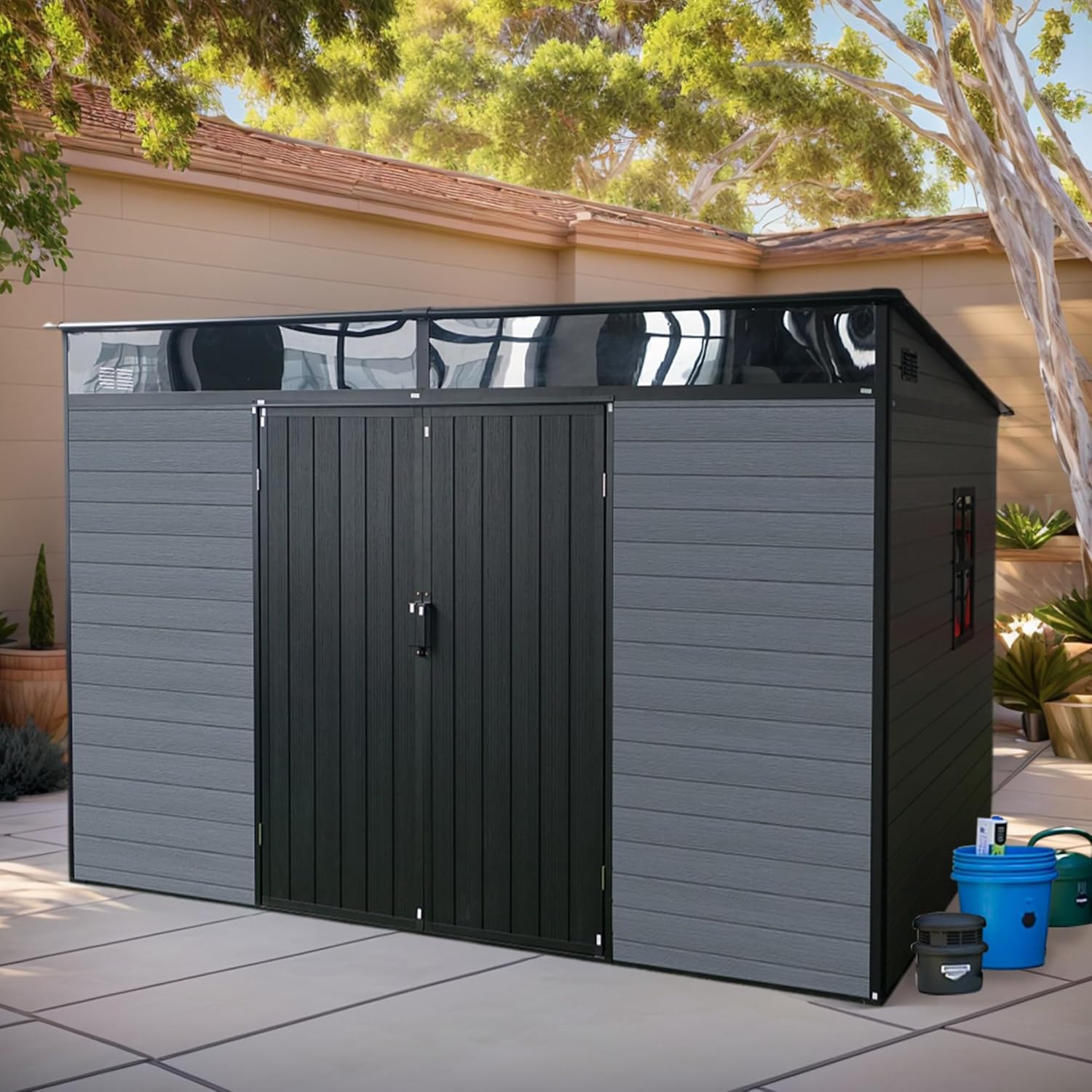 LANTRO JS Outdoor Storage Shed, 10x7FT Plastic Storage Shed with 1 Windows and Lockable Door for Garden Tools, Bike, Lawnmower, Grey and Black