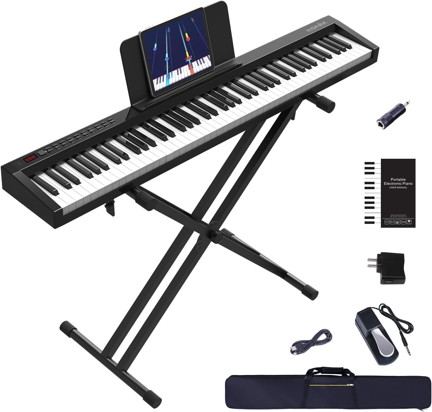 KONIX Digital Piano 88 Key Full Size Semi Weighted Electronic Keyboard Piano Set with Stand, Built-In Speakers, Sustain Pedal, Bluetooth, MIDI/USB/MIC for Beginners Adults