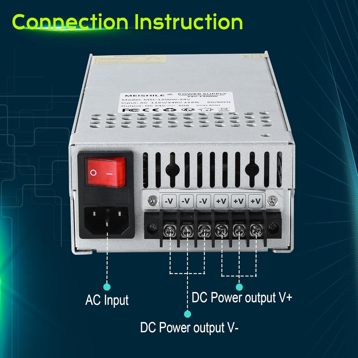 MEISHILE 24V 50A 1200W Switching Power Supply Adapter AC to DC Transformer Converter for LED Driver Strip Light Lamp, Amplifier, Machine, 120V 110V to 24Volt 10A 20A 30A 40Amp