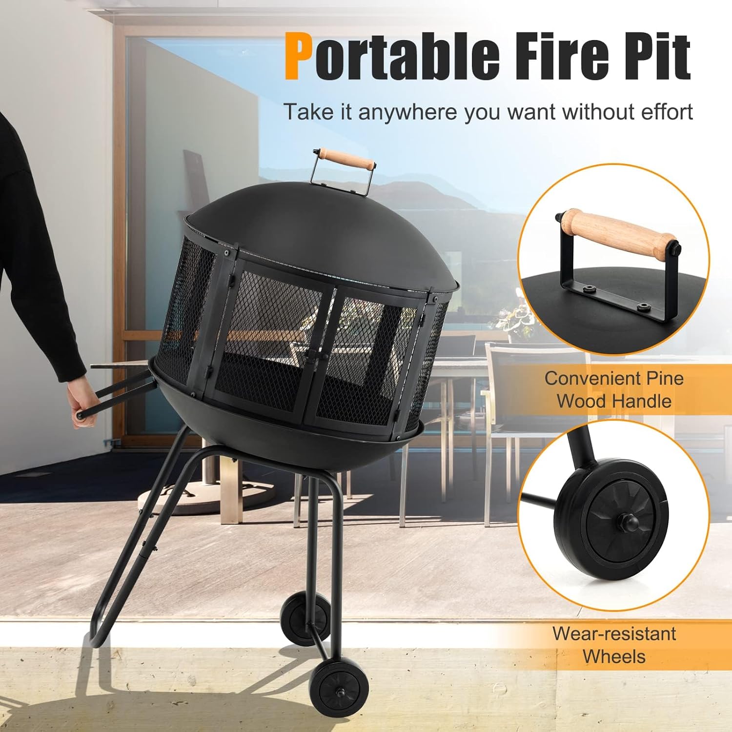 HAPPYGRILL 28” Outdoor Fire Pit, Rolling Patio Wood Burning Firepit with Lockable Doors, Fire Poker, Pine Wood Handle & Wheels, Heavy Duty Fire Pit for BBQ Entertaining Camping