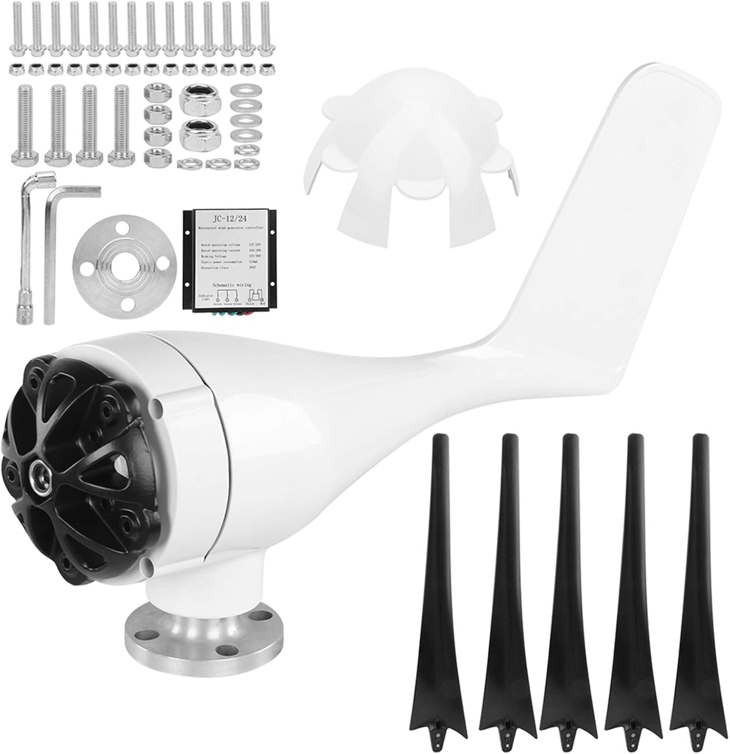 Fafeicy Small Wind Generator, 5 Blades Wind Turbines Kit, 800W, with 3-phase AC Permanent Magnet Synchronous Generator, for Charging Boats, Terraces(24V-Black), Dynamo