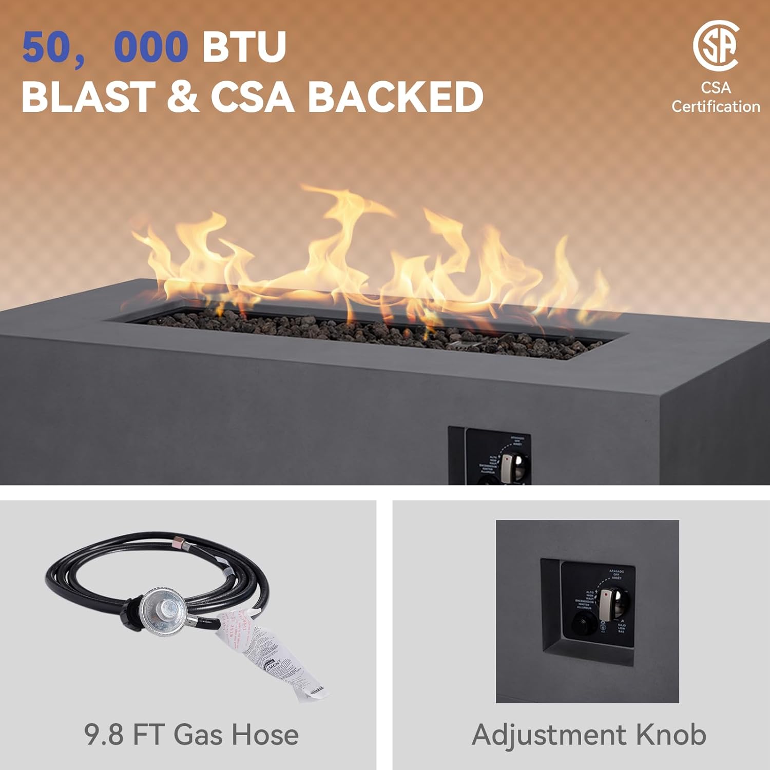 48'' Rectangular Propane Fire Pit Table, 3-in-1 50,000BTU Firepit Table with Griddle for Outside Patio, Backyard Decor, Grey