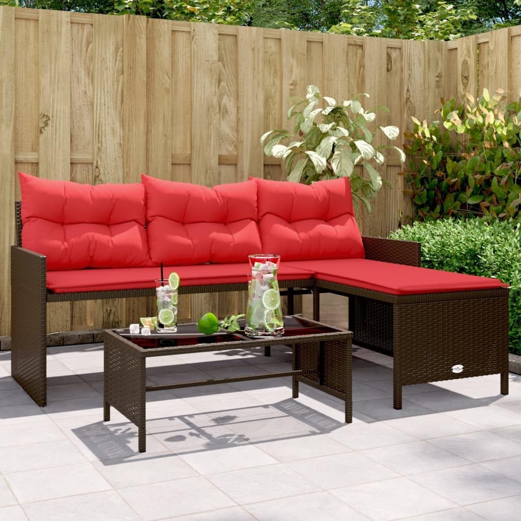 Patio Sofa with Table and Cushions L-Shaped Brown Poly Rattan,Versatile LShaped Outdoor Sofa with Cushions for Ultimate Comfort and Durability Patio Furniture & Accessories, Outdoor Seating