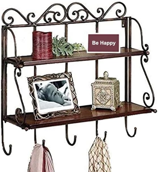 Wooden Iron Wall Shelf with 2 Shelves and 5 Hooks, Foldable Kitchen Rack, Wall Bracket