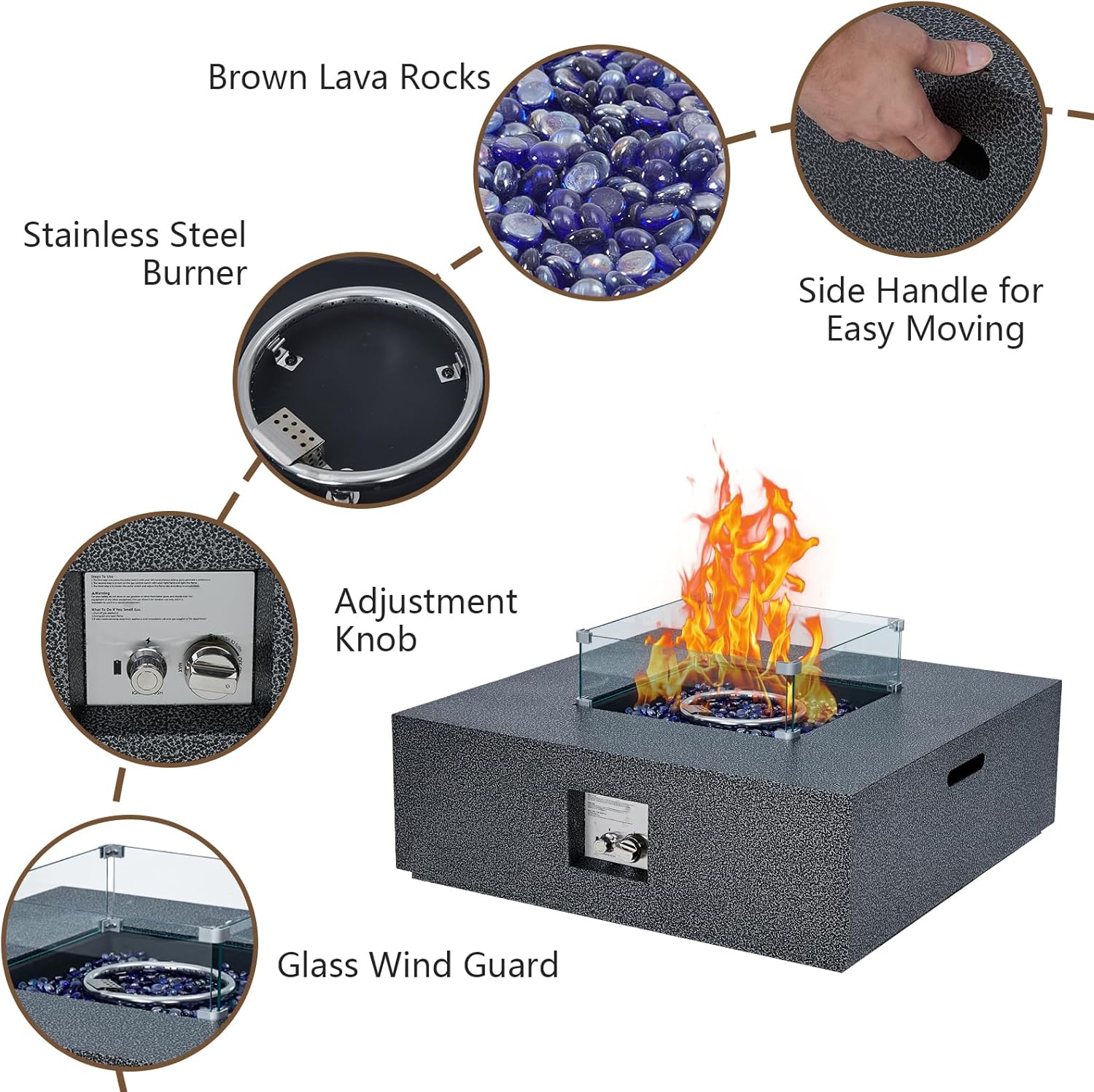 50000 BTU Square Propane Fire Pit Table - 36In Steel Outdoor Gas Firepit Coffee Table w/ 16 Tank Base, Removable Lid, Transparent Wind Guard, Blue Glass Rocks & Rain Cover for Patio, Backyard, Garden