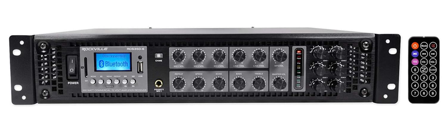 Rockville RCS350-6 350W 6 Zone 70V Commercial Amplifier, Bluetooth, USB, Optical, Rack Mount, for Restaurants and Offices