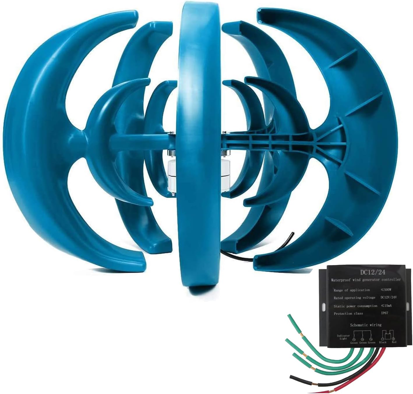 Lantern Wind Turbine, 3000W 12V/24V/48V Vertical Turbine Generator with Controller for Terrace/Chalet/Fishing Boat (Blue)