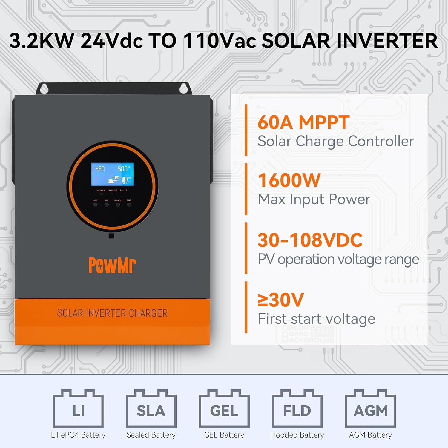 3200W Solar Inverter Charger 24V DC to 120V AC with 40A AC Charger Bulit-in 60A MPPT Controller & 10AWG Solar Extension Cable 30Ft