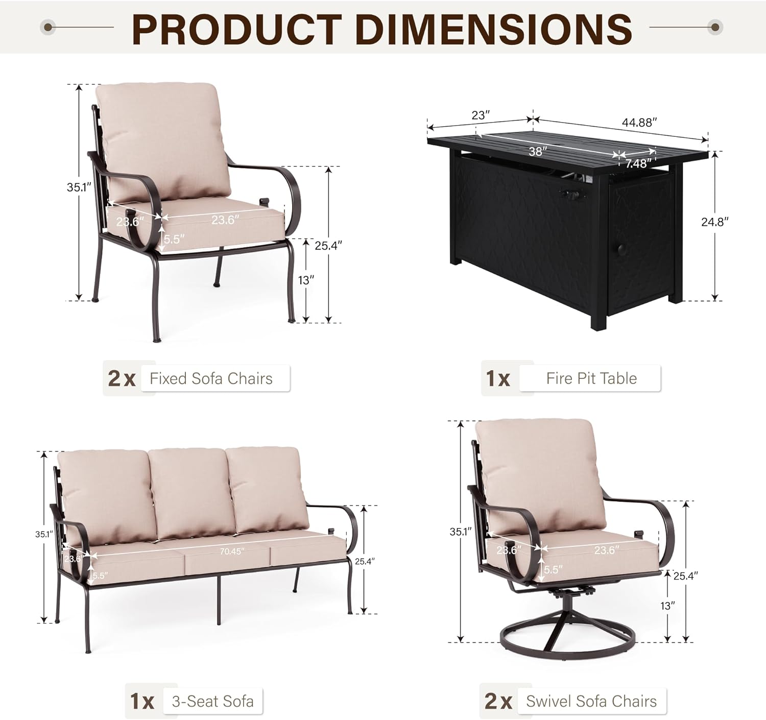 6-Pieces Metal Patio Furniture Sets, Outdoor Sectional Patio Conversation Set with Fire Pit Table, ALL Weather Black Metal Patio Sofa Set with Beige Cushions for Deck,Lawn,High Back,Swivel Chair