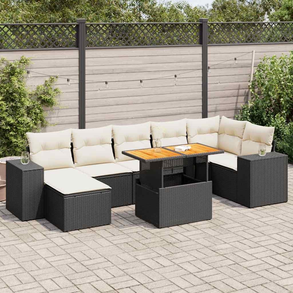 8 Piece Garden Sofa Set Black and Cream White, UV-Resistant PE Rattan and Powder-Coated Steel Frame Outdoor Furniture with Modular Design and Hidden Storage for Patio Terrace