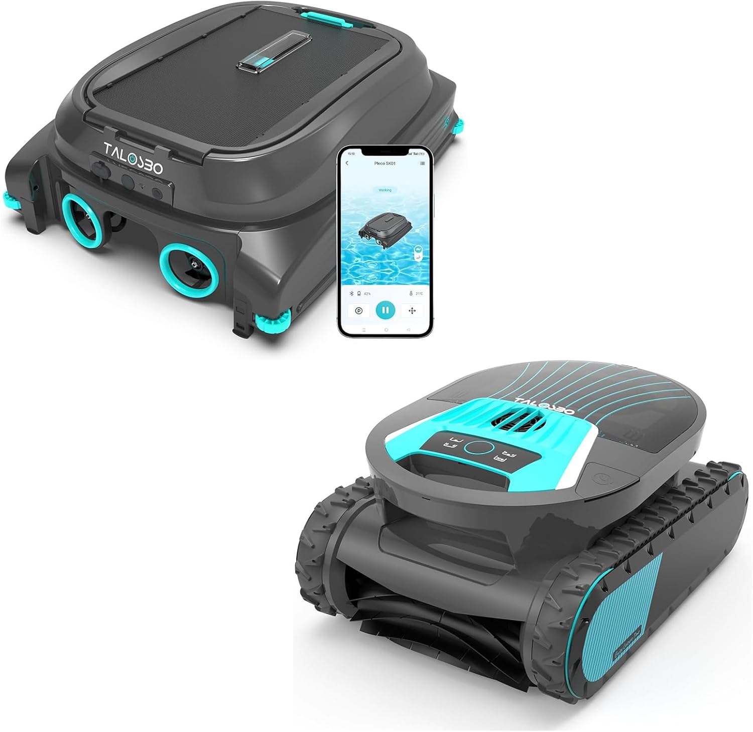 Pleco Pro Robotic Pool Cleaner – Cordless, Smart APP, 210 Min Runtime, Dual Filtration & Pleco SK01 Solar Powered Robotic Pool Skimmer with APP Support, 24/7 Cleaning