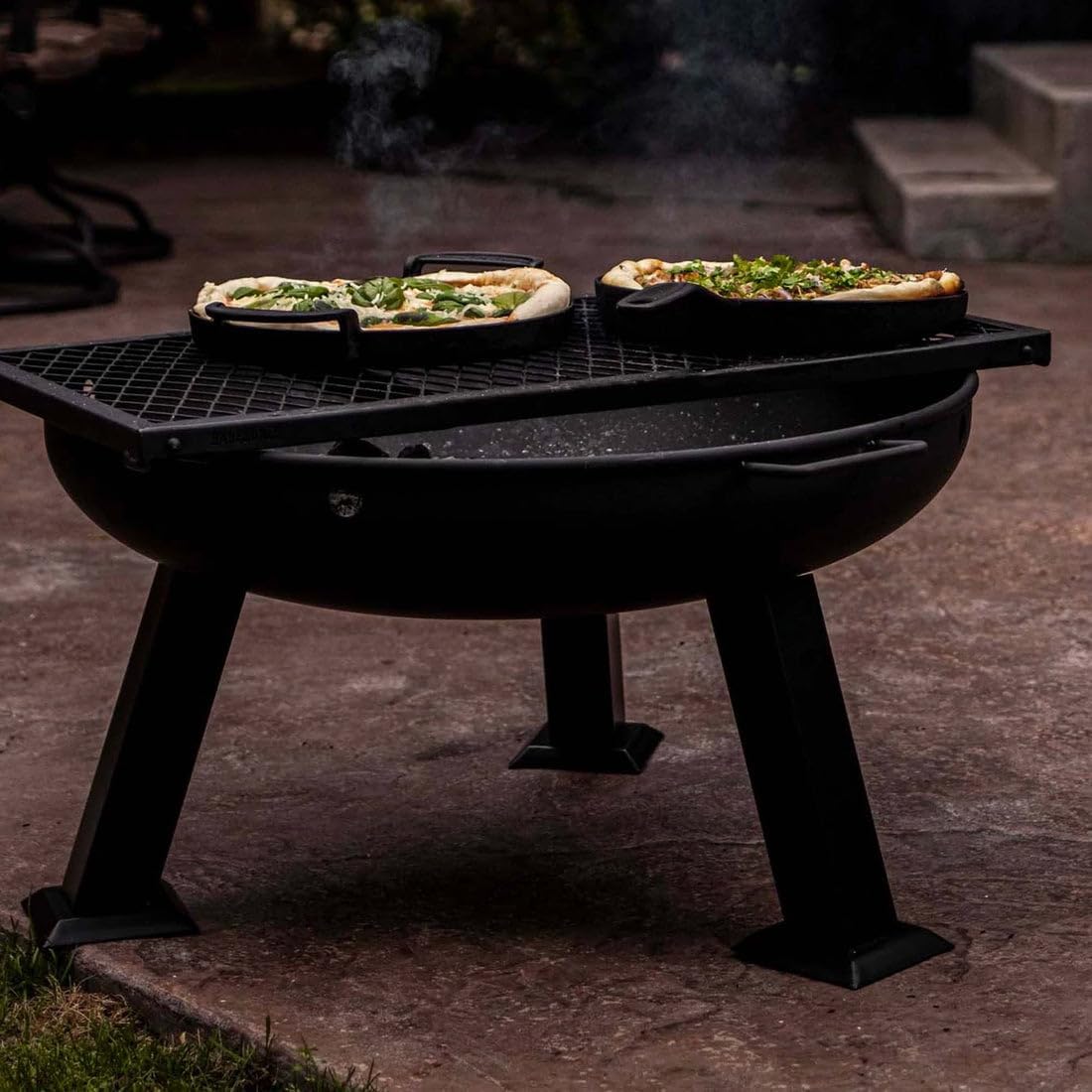 Barebones Fire Pit Grill - Campground Grill for Outdoor Cooking, Heavy Duty Steel Fire Pit with High-Temperature Black Coating, Black, Round