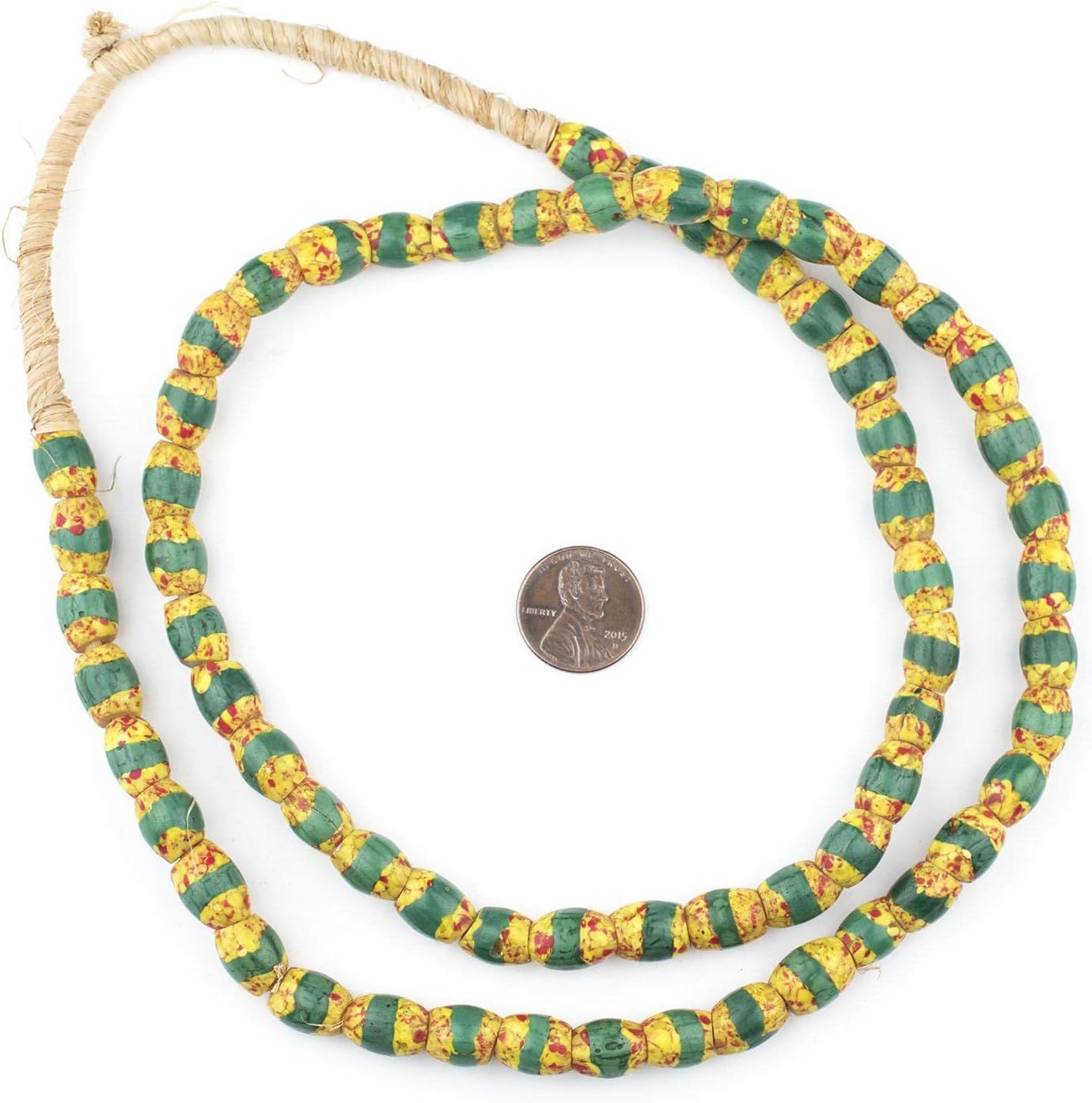 The Bead Chest Old Antique Venetian Yellow Oval Striped Trade Beads Green Stripe 9mm Ghana African Multicolor Glass Large Hole 32 Inch Strand