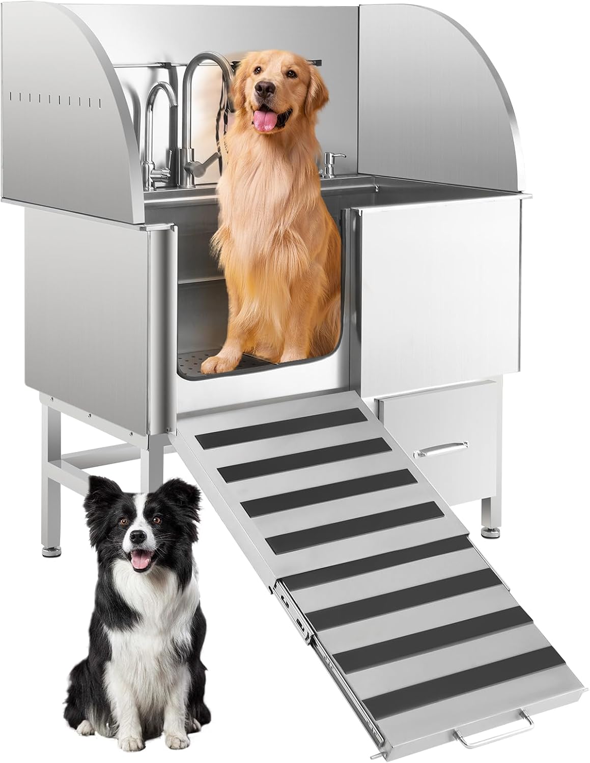PioneerWorks 50” Dog Grooming Tub, Stainless Steel Dog Washing Station with Foldable Ramp, Large Drawers, Rich Accessory, Professional Grooming Tub for Large, Medium, Small Pets, Left Door
