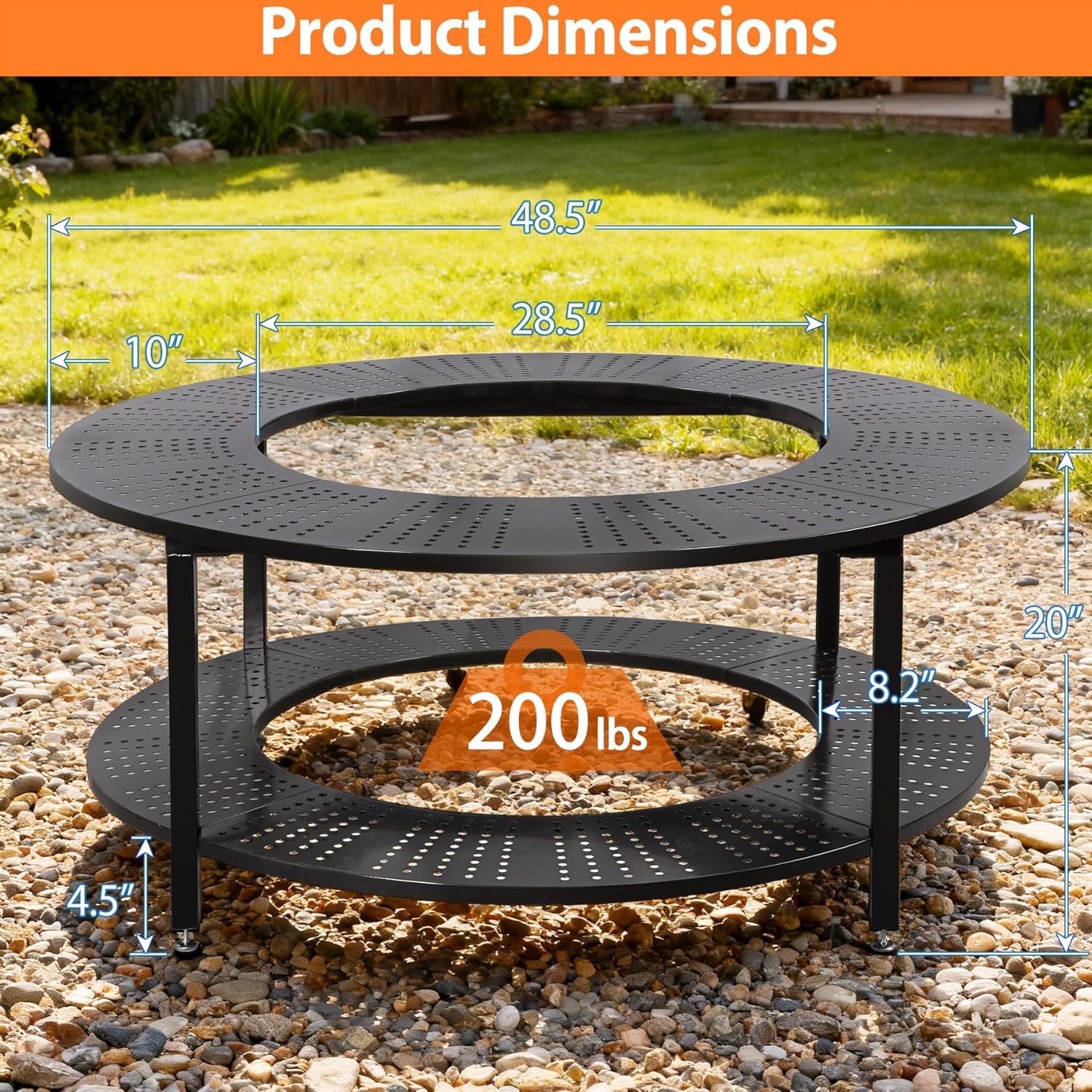 48.5 Inch Universal Fire Pit Surround Tabletop for Solo Stove Yukon & Tiki 27.5, Outdoor Patio Stand with Firewood Storage Shelf, Heavy Duty Steel, 200LB Capacity