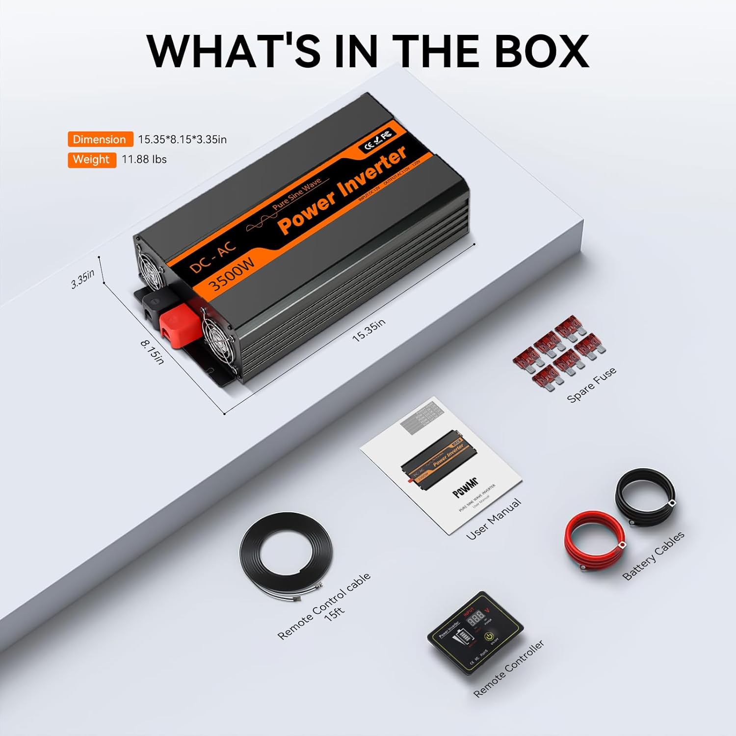 PowMr 3500W Pure Sine Wave Power Inverter 24V DC to 110V AC Converter with USB Port, Remote Control Panel, fit for RV, Truck, Solar System, Off-Grid Applications