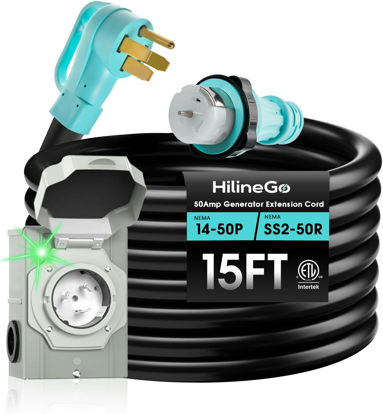 50 Amp Generator Cord 15FT and Power Inlet Box, 125V/250V Extension Power Cord, NEMA 14-50P/SS2-50R Twist Lock Connector, NEMA SS2-50P Pre-Drilled Inlet Box for Generator to House, ETL Listed