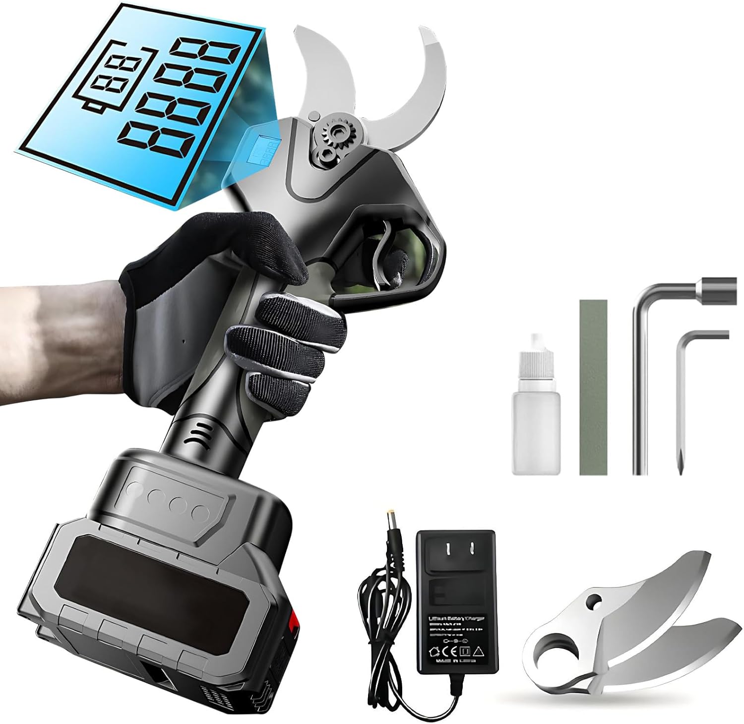 Cordless Electric Pruner Set with Extension Pole and Pruning Shears Combo, 21V, 7FT Reach, 4cm Cutting Diameter, Brushless Motor, Battery & Charger Included 2batteries