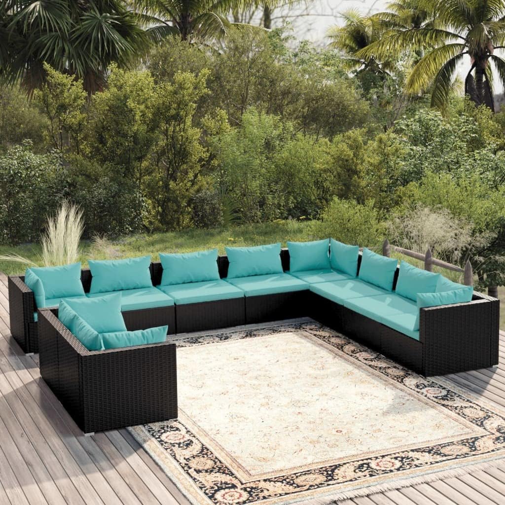 10 Piece Patio Lounge Set with Cushions Black Poly Rattan,Modern Poly Rattan Patio Lounge Set with WaterResistant Cushions Furniture Sets for Patio, Lawn & Garden